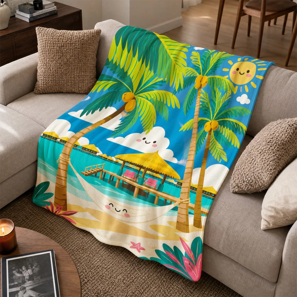 Tropical Beach Pattern Throw Blanket for Sofa Couch Decor Summer Vacation Ocean Life Palm Trees Print Cozy Home Throw Gift