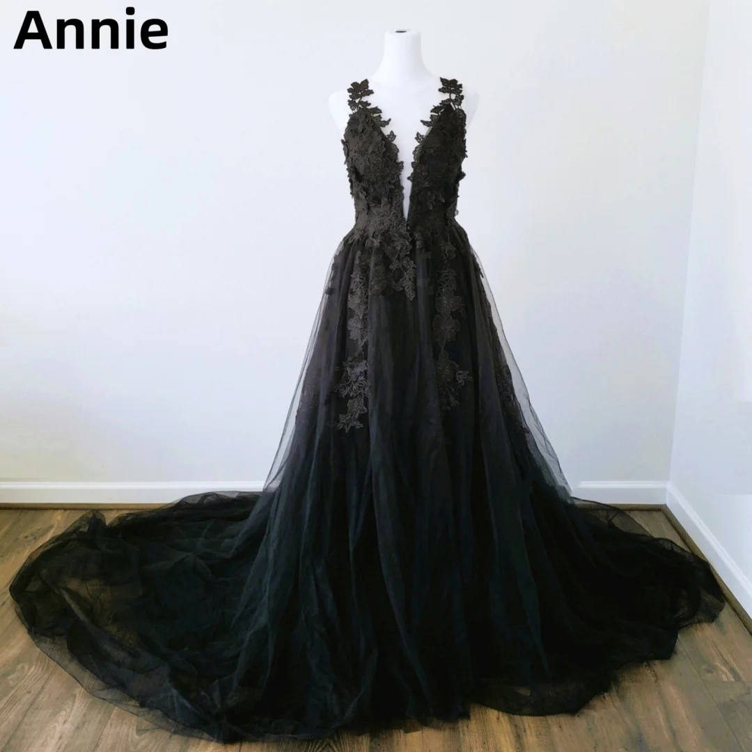 

Annie Black Gothic Wedding Dress Prom Dresses Embroidered Tulle Evening Dress فساتين سهره فاخره Formal Occasions Party Dresses