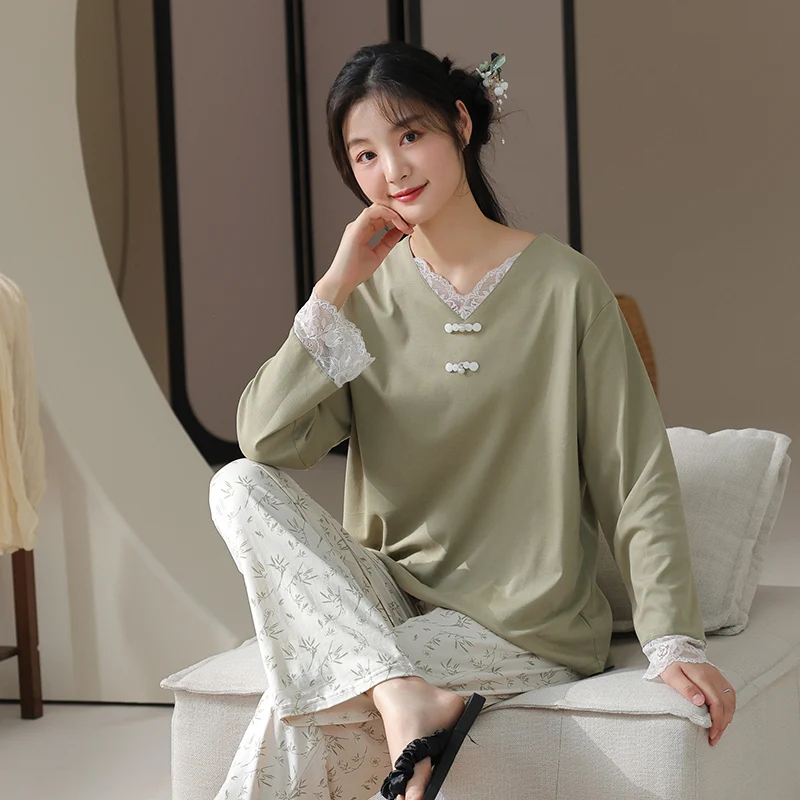 

Осенние женские пижамы с длинными рукавами и круглым вырезом, пижамные комплекты из хлопка, Mujer, повседневная мягкая милая женская одежда для сна