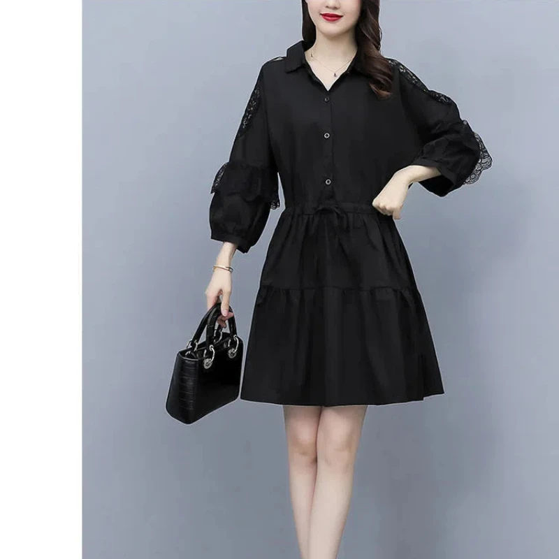 

2024 Women's Spring Autumn New Spliced Polo Collar Button Lace Fashion Solid Color Loose Minimalist Casual Long Sleeve Dresses