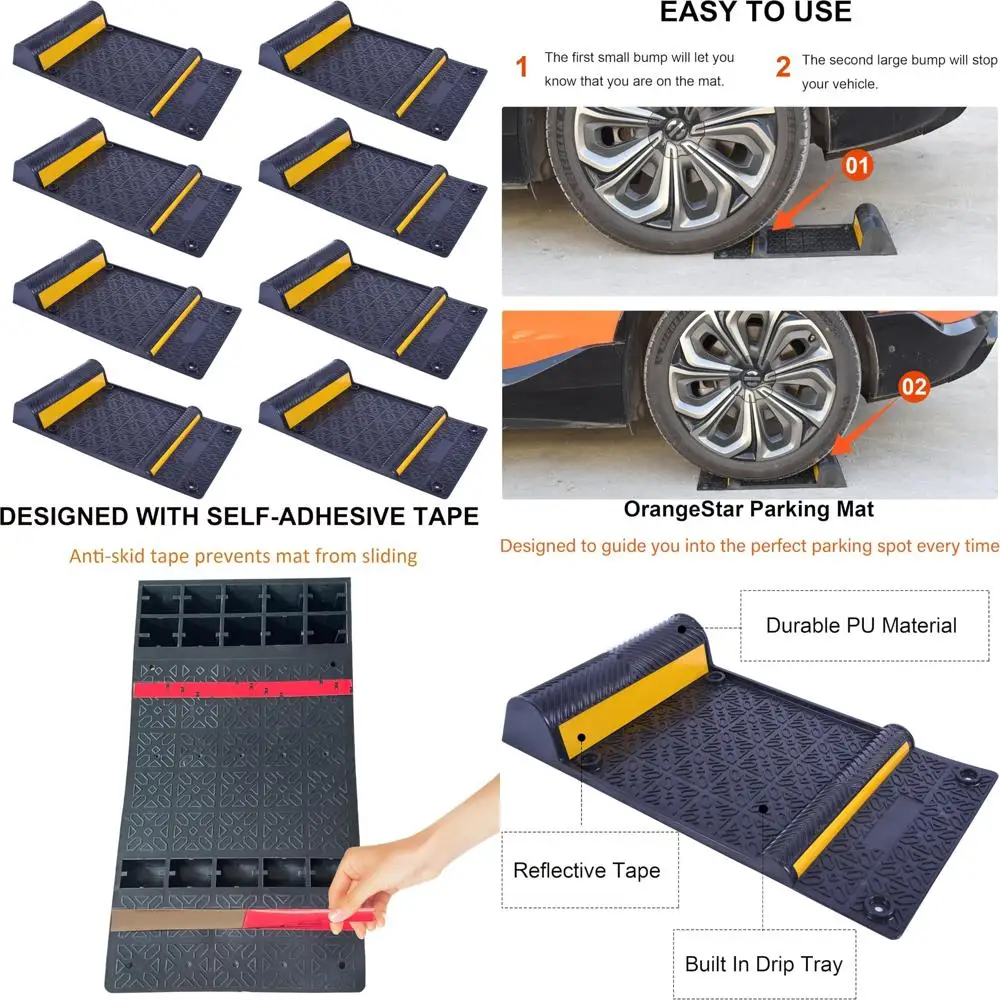 Heavy Duty 8 Pack Parking Guide Mats with Reflective Stripes for Vehicle Safety in Garages and Outdoor Spaces