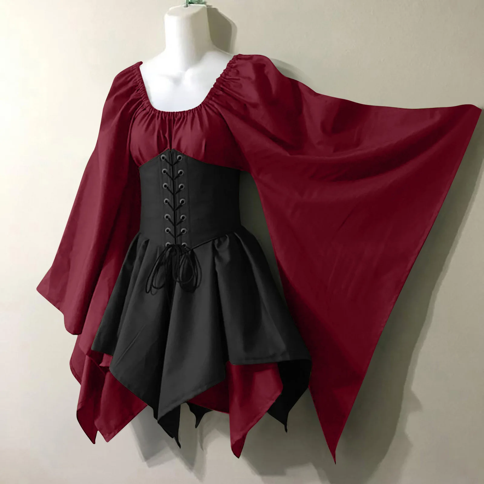 Retro Elegant Dress Summer Slim Fashion Simple Contrast Color Renaissance Fake Two-piece Lace-Up U-neck Bat-Sleeve Short Dresses