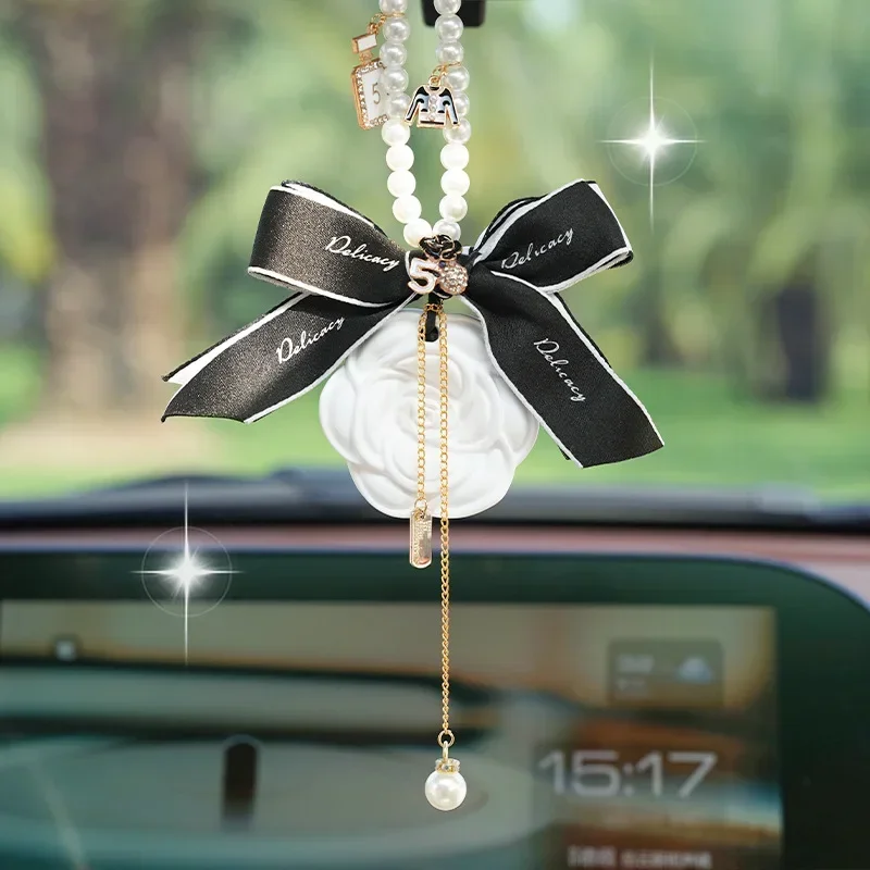 Pearl Camellia Flower Tassel Car Pendant Gypsum Aromatherapy Auto Rearview Mirror Hanging Ornaments Decoration Accessories Girls