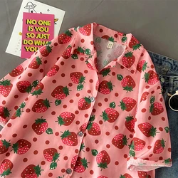 Beach Sweet Girl Pink Strawberry Full Print Graphic Button Up Shirt Kawaii Clothes Japan Korean Fashion Summer Short Sleeve Tops