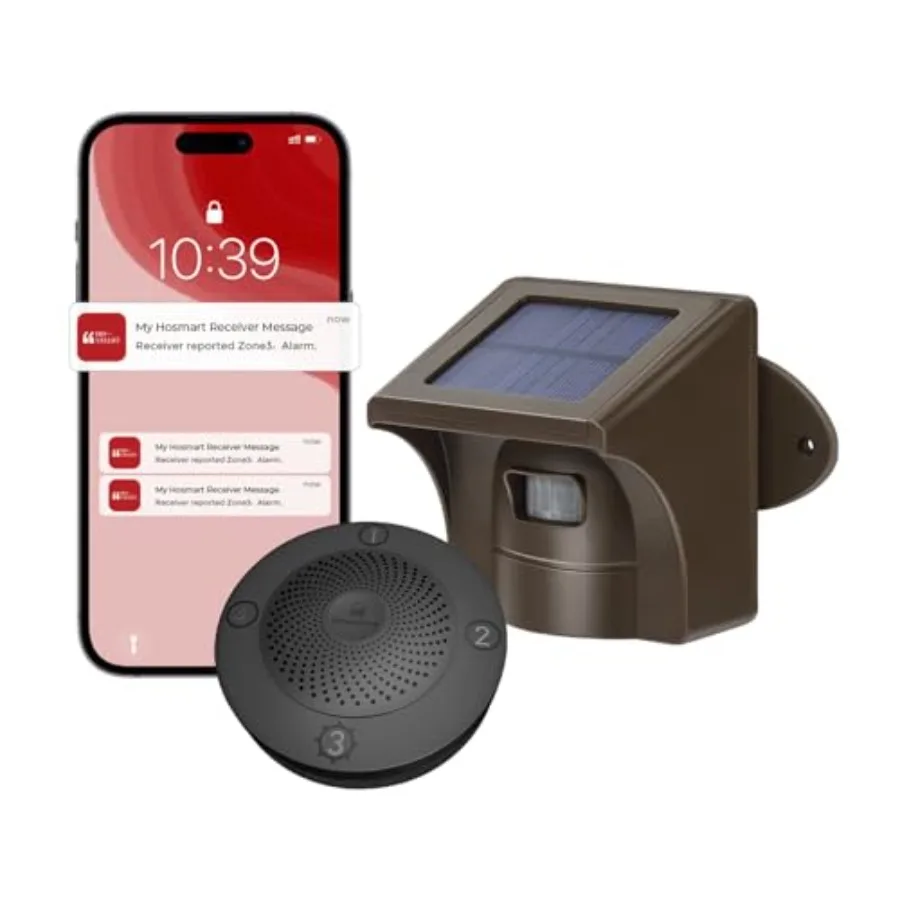Driveway alarm system for outdoor use, weatherproof ABS plastic, black, 1/2 mile wireless range with solar-powered motion senso