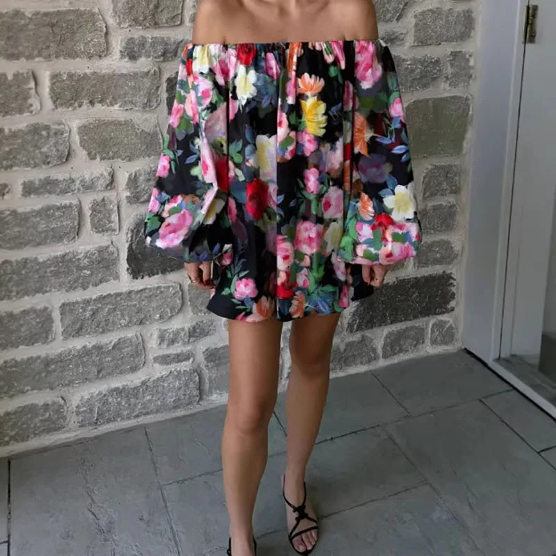 Damen Sexy Boho-Kleid mit Aussparungen, Frühling Sommer Schulterfreies Langarm-Strandkleid, Modisches Blumenmuster Plissiertes Kurzkleid