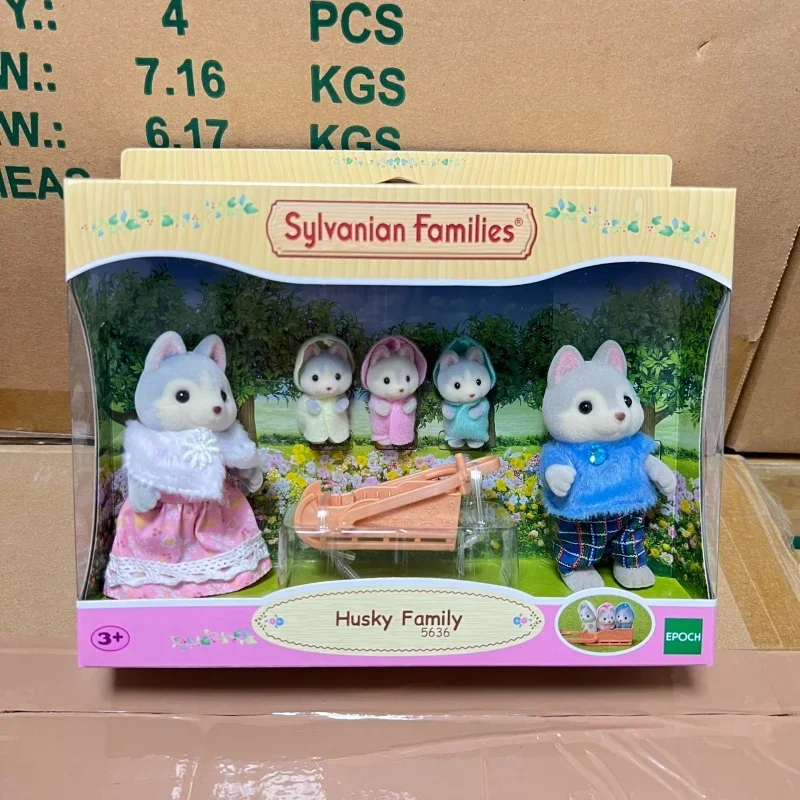 シルバニアファミリー ドールハウス 家具 おもちゃ 女の子 本物のテルヌリン ハスキー カップルと 3 人の赤ちゃん 森の家族 ミニチュア食品