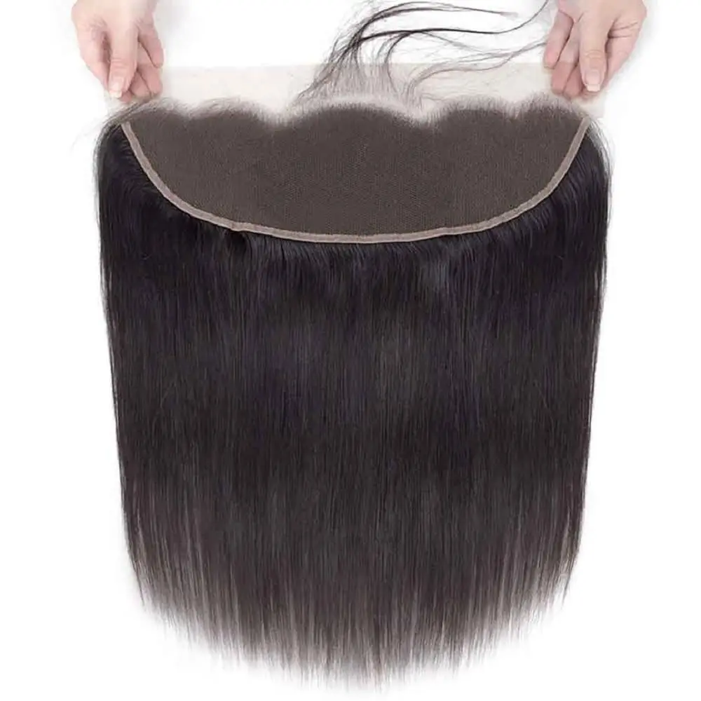 Weave de Cabelo Humano Liso Brasileiro, 100% Cabelo Virgem Não Transformados, 13x4 Lace Encerramento, Cor Natural, 3 Pacotes