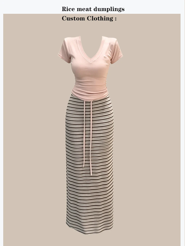 

Korean Style Pure Desire Short Sleeve T-Shirt High Waist Stripe Skirt Set Slim Fit Summer Fashion Women's Two-Piece Suit
