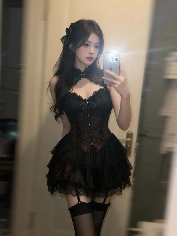 

Japanese Y2K Gothic Strapless Suit Women Harajuku Lace Patchwork Streetwear Slim Mini Skirts Sweet Lolita Black 2 Piece Set New