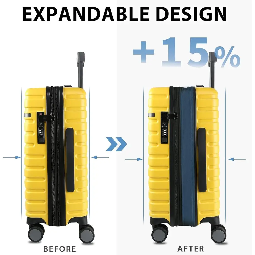 Yellow 20-Inch Expandable Hard Shell Carry-On Suitcase with Spinner Wheels and TSA Lock, Airline Approved