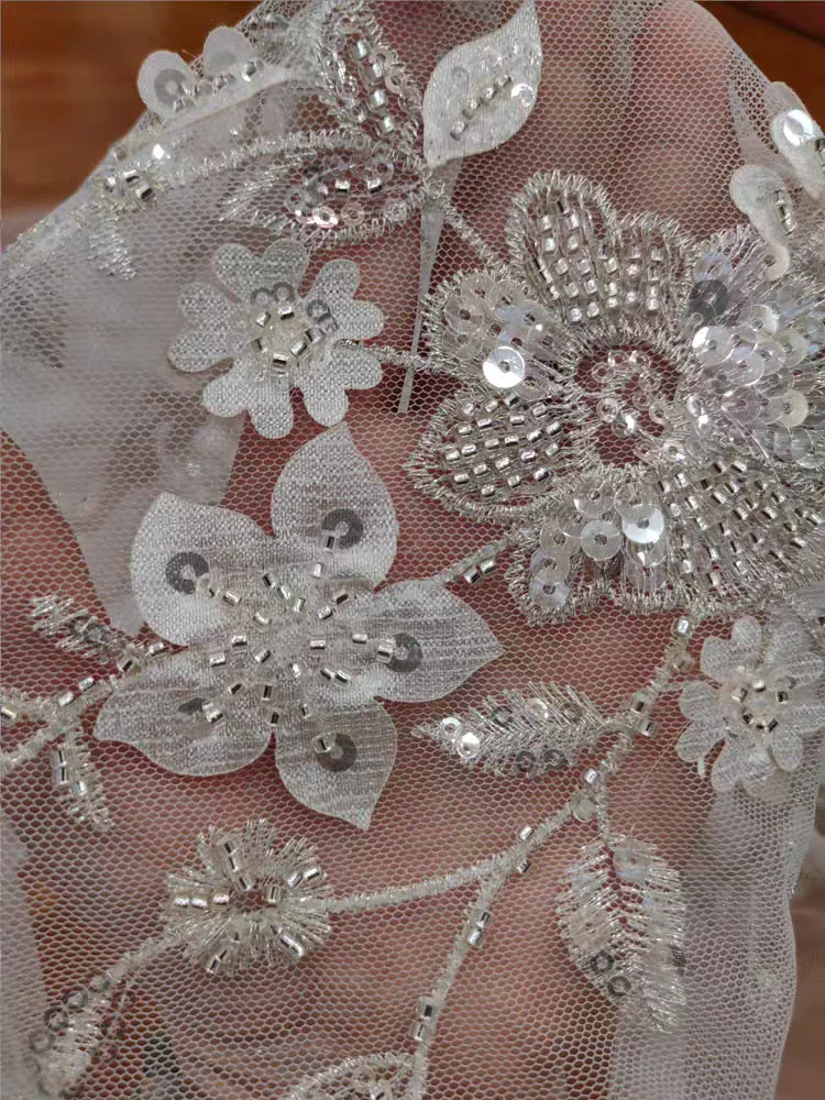 Factory Supply Beautiful Beaded Flowers Lace Shining Sequins Fabric Full Flowers Bridal Dress Luxury Lace Fabric