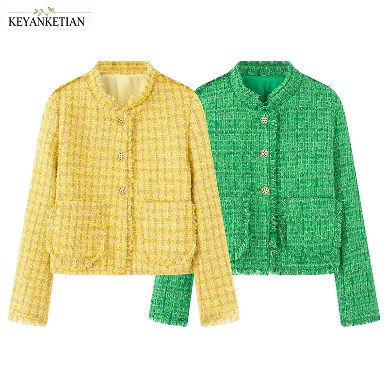 KEYANKETIAN 2026 Autumn French Elegant Tweed Jacket Women Round Neck Fringe Trim Cropped Coat Metal Buttons Pocket Outerwear