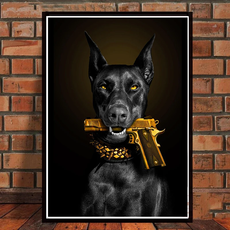 Fashion Black Doberman Dog Lion With A Pistol Poster Canvas Painting Luxury Animal Wall Art Picture For Living Room Home Decor