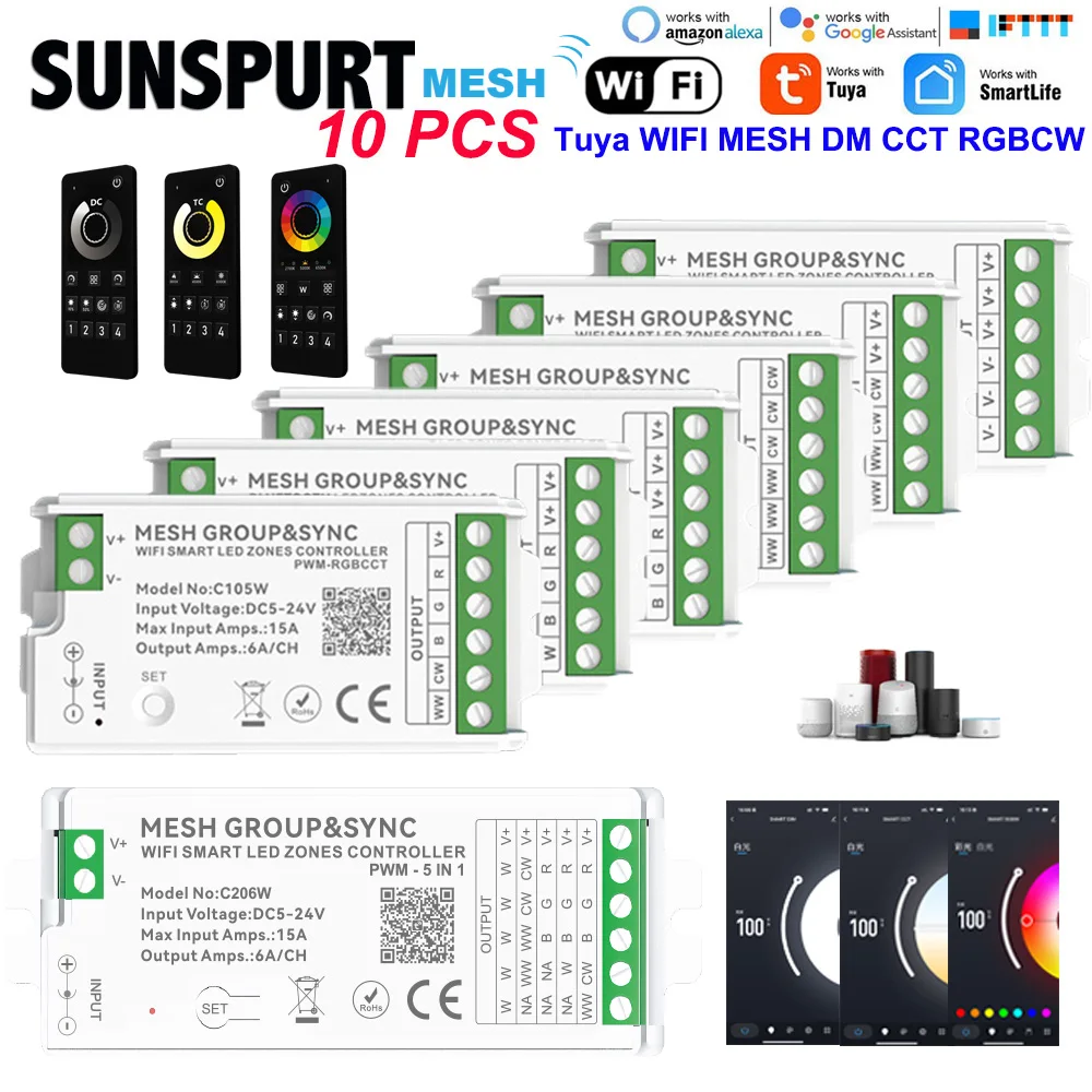 10Tuya Wifi LED Controller C100 C206 DIM CCT RGB CCTRGBW LED Light Dimmer Smart Life APP 2.4G RF Alexa Google Home Voice Control