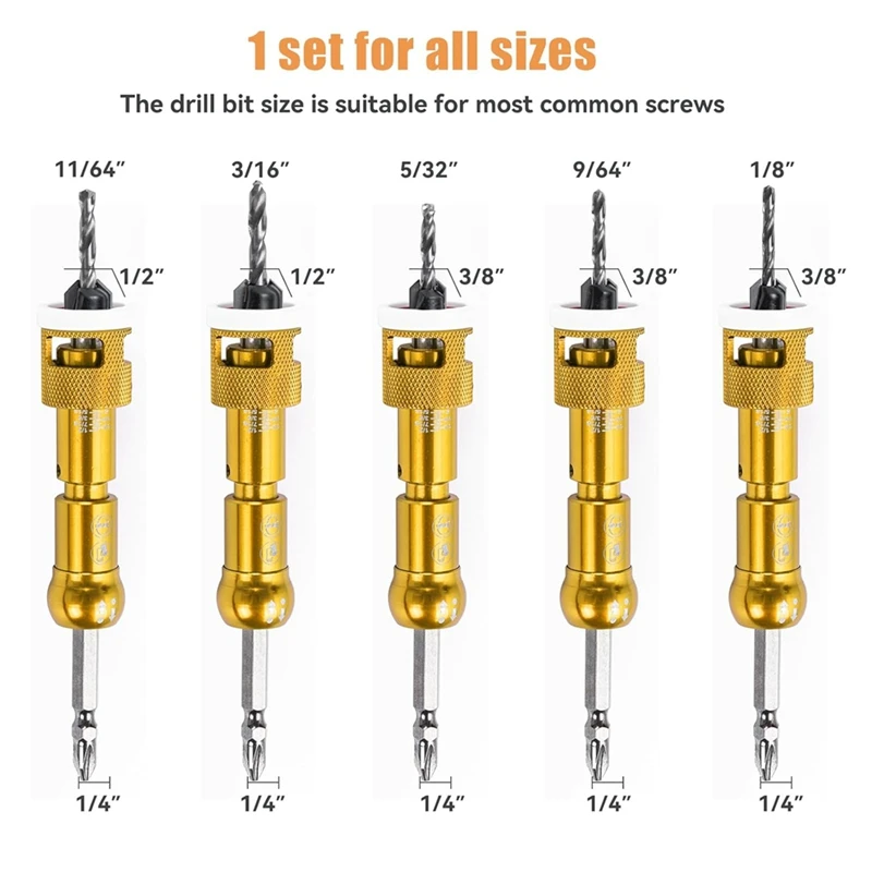 5Pcs Countersink Drill Bit Set With 1/4In Release Hexshank,Adjustable Woodworking Drill Bit Set For Carpentry Screw Hole