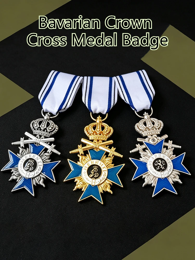 3-teiliges Set: Preußische Medaille, Bayerisches Kronenkreuz-Abzeichen, Bandnadel, Metall-Emaille-Abzeichen, Dekoration, Sammlerstück, Geschenk