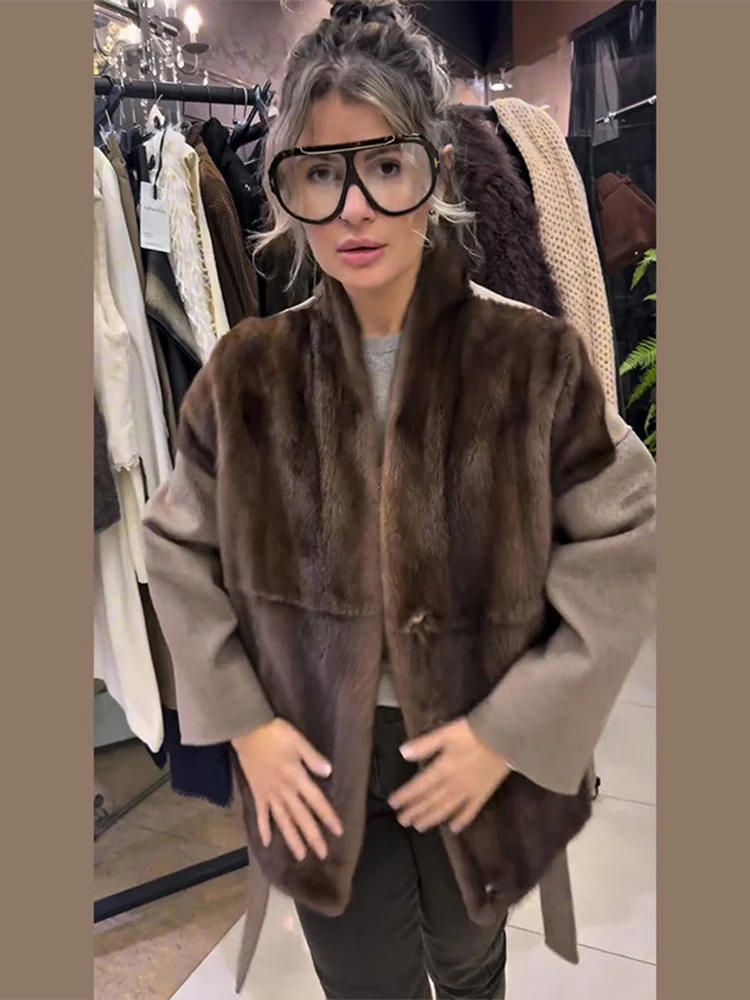 

Шикарное женское пальто из искусственного меха с лоскутным узором, с длинными рукавами, на пуговицах, с поясом, винтажная куртка для женщин, весна-осень, уличный стиль 2026