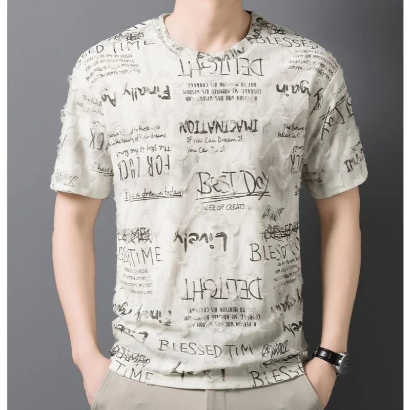 Men's Casual Short Sleeve T-Shirt with Letter Print Round Neck Breathable Cotton Tee for Daily Summer