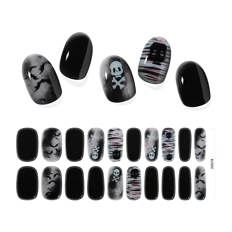 20 Tips Halloween Semi-cured Gel Nail Sticker UV Lamp Needed Full Cover Nail Gel Polish Wraps Manicure Press on Nails Decal
