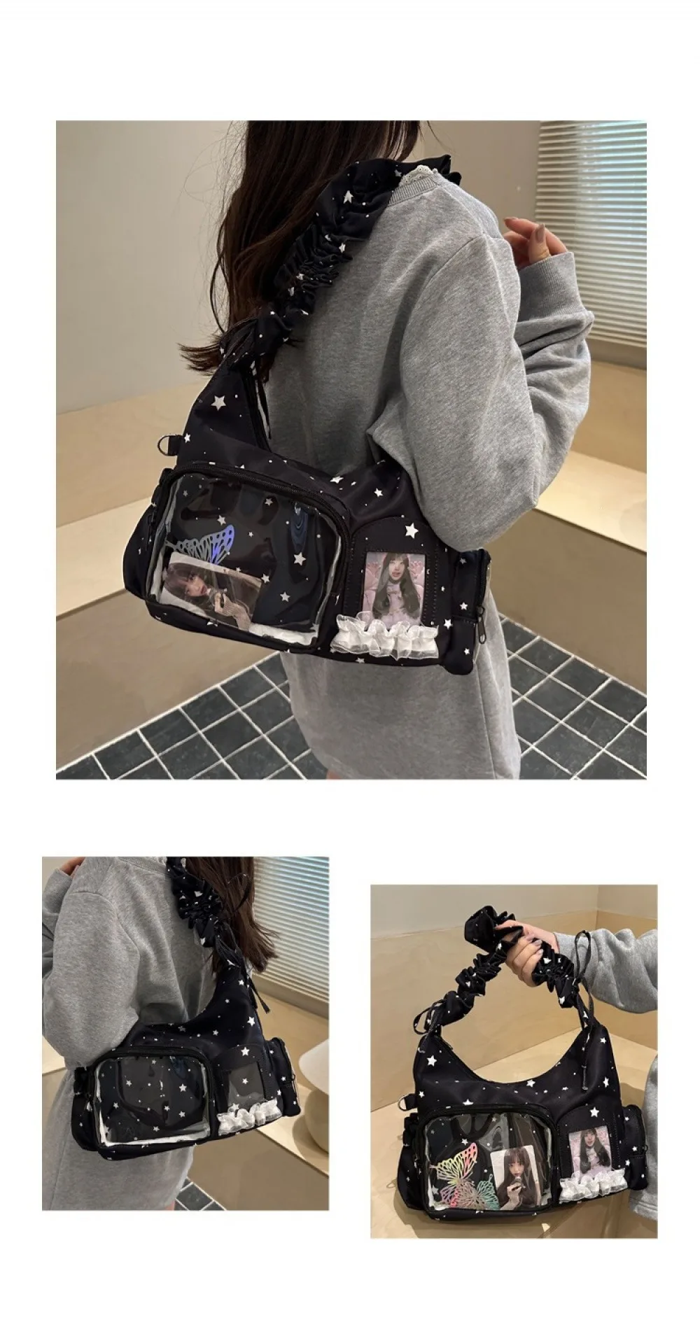 Y2K Rüschen-Stern-Itabag mit doppeltem Klarsichtfenster, Schultertasche, Kpop-Fotokarten-Hobo-Handtasche – Detail 6
