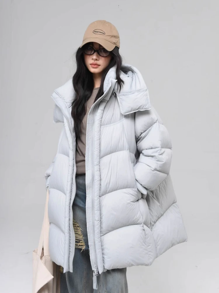 Luxury Thick warm duck down jacket with hooded Women's Oversize 2025 Winter Fashion Mid-length puffer coat Female INKEO DJ576