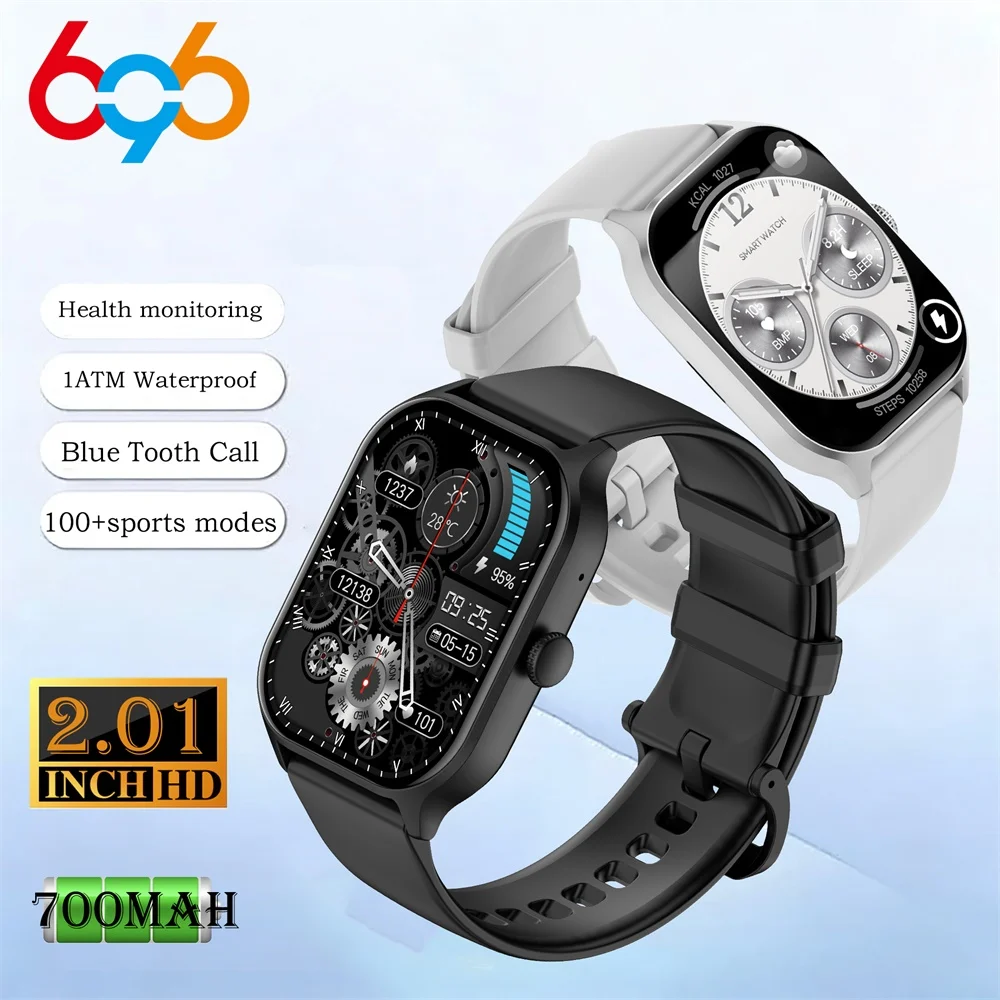 

Умные часы 696 с большим экраном 2,01 дюйма, спортивные фитнес-часы, Bluetooth-вызовы, измерение пульса, водонепроницаемые, 700 мАч