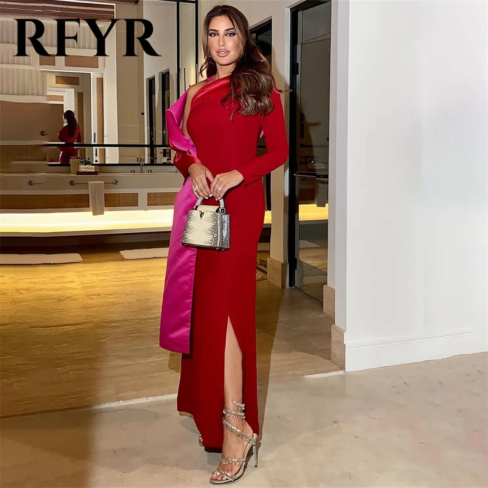 

RFYR One Sleeve Slit Red Evening Dresses With Cape Vestidos De Noite Dubai Saudi Arabic Prom Dress Birthday Dresses Customized