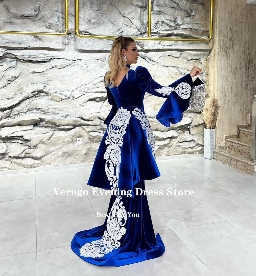 Verngo Royal Blue Velvet marocchino caftano abiti da ballo staccabile treno Applique Flare maniche lunghe Dubai arabo donne abiti da ballo