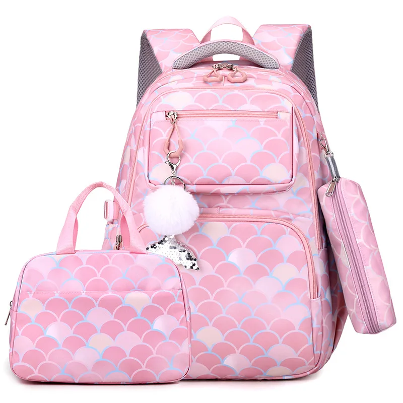 Mochila con estampado de escamas de pescado para niños, Bolsa Escolar impermeable con colgante de sirena para niñas adolescentes, 3 piezas por juego