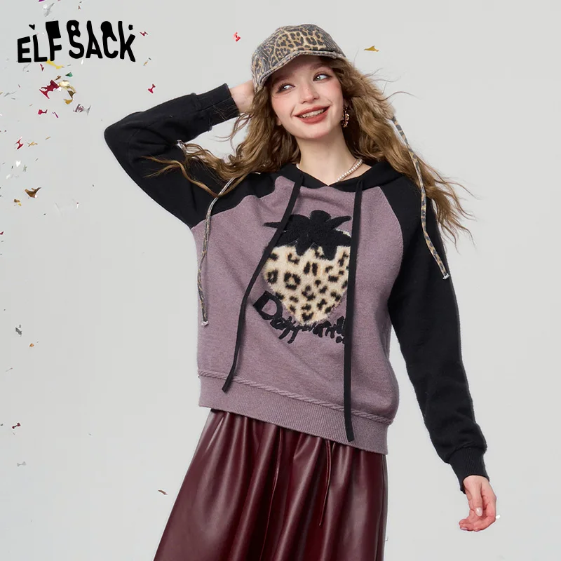 

ELFSACK 2024 Winter New Arrivals Sweet and cool raglan sleeve contrasting strawberry leopard print hooded knitted sweater for wo