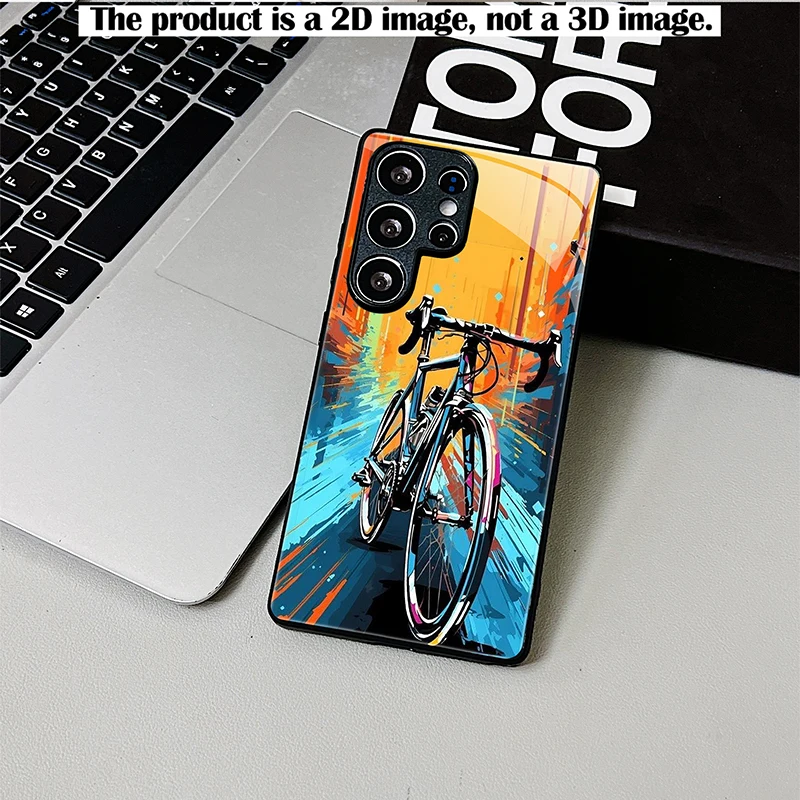Blue Shadow Black Bicycle Phone Case,2D Print Black Glass For Samsung S/A Series,Shockproof Full Coverage Cover