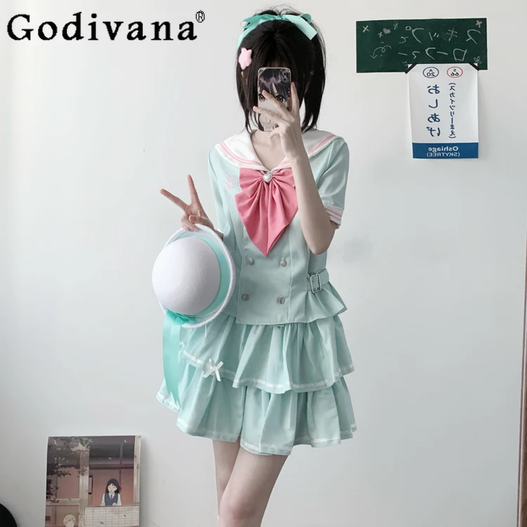 

Japanese College Style Jk Sailor Uniform Sweet Girls Cute Kawaii Bow Navy Collar Short-sleeved Top Mini Skirt 2-piece Suit