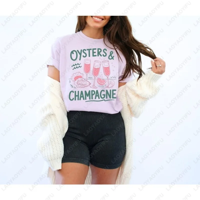 Camisetas con gráfico de color champán de ostras para hombre y mujer, Camiseta de algodón de despedida de soltera de campaña, regalo de manga corta Regular de ostra estética costera