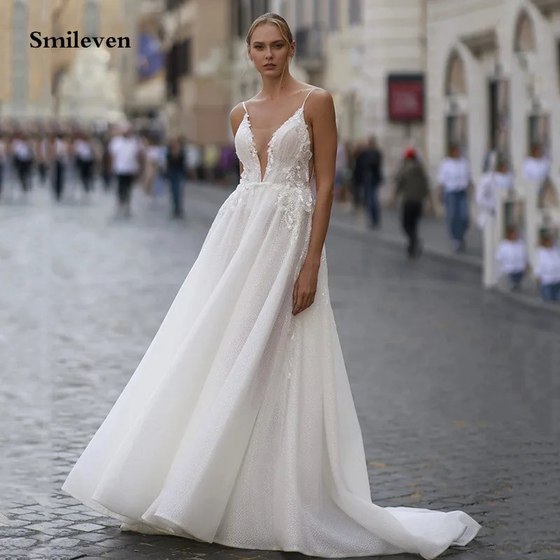 

Smileven Lace Boho Wedding Dresses A Line Spaghetti Straps Bride Dresses Appliqued Lace Robe De Mariee 2023 Corset Wedding Gown