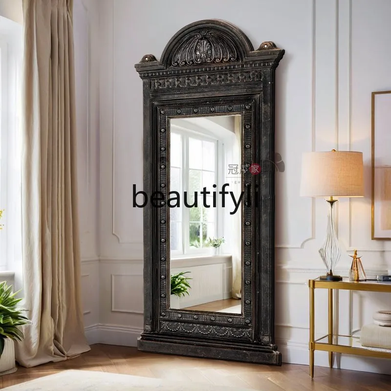 

French Carved Full-Length Mirror Vintage Floor Mirror Luxurious Wall-Mounted Dressing Mirror for Bedroom