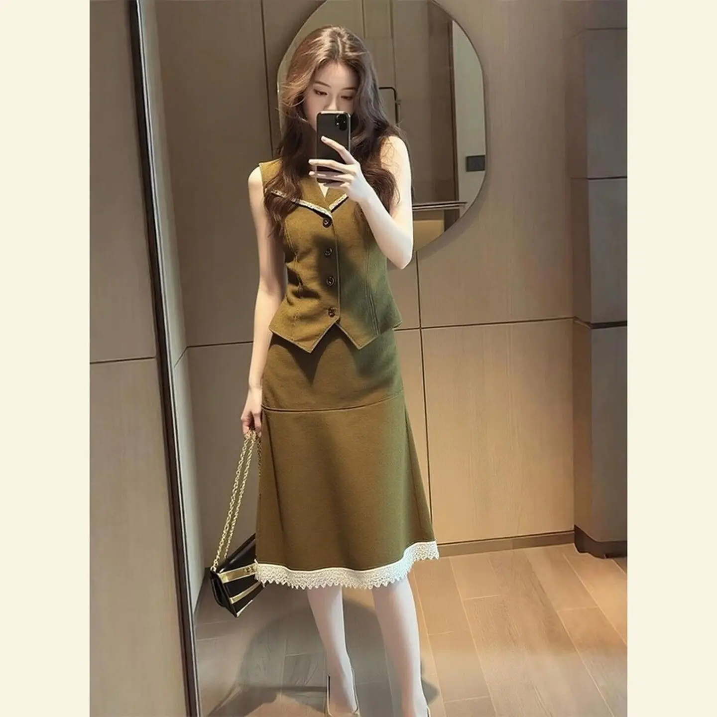 New High End Office Lady Summer Women's Suit Fashion Lapel Sleeveless Vest Top + Contast Color A-line Skirt Womens Matching Sets