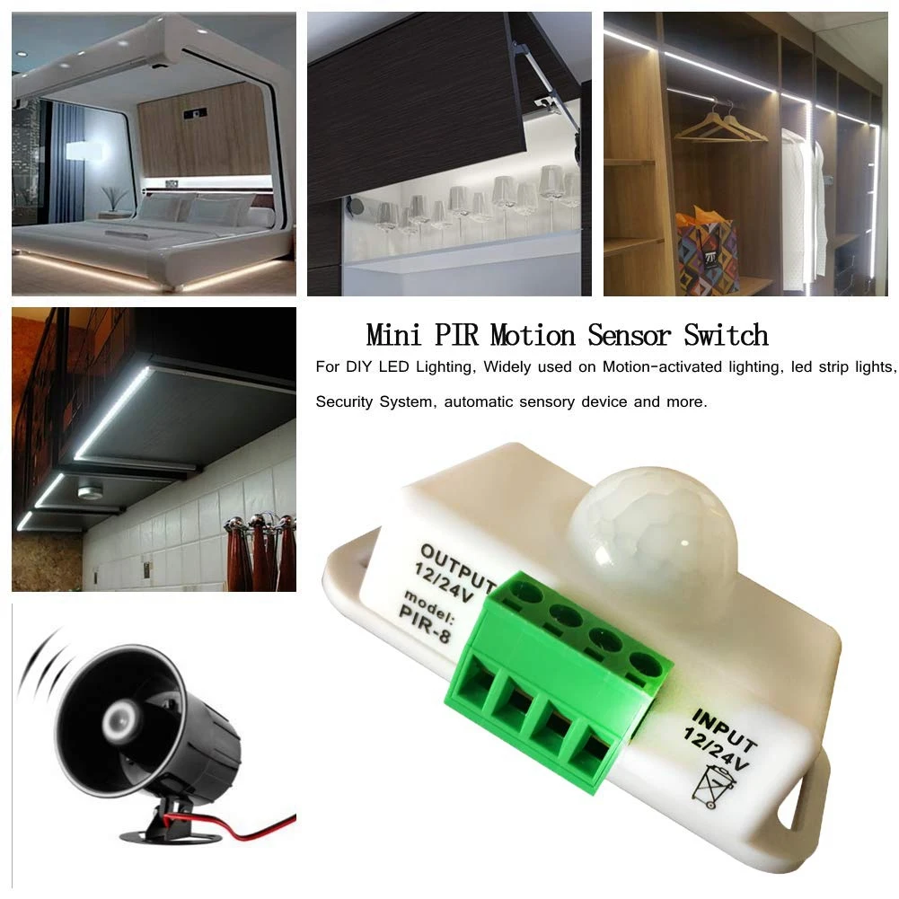 PIR Infrared Motion Sensor Detector, DC 12V-24V Strip Light Motion Sensor Switch, for Cupboard Cabinet Stairs KitchenJAS