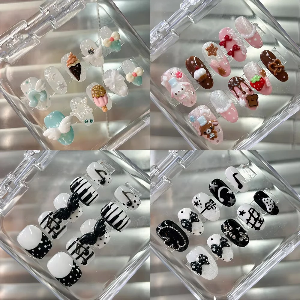 

Sweet Kawaii Ice Cream Cartoon Rabbish Handmade Nails Hand-Painted Piano Keys Polka Point Music Note Wings Pearl Press On Nails
