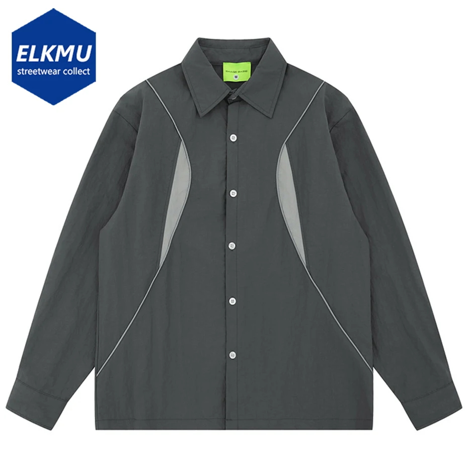 

Reflective Striped Patchwork Shirts Men Streetwear Harajuku Hip Hop Oversized Shirts Long Sleeve Button Up Blouse Shirts