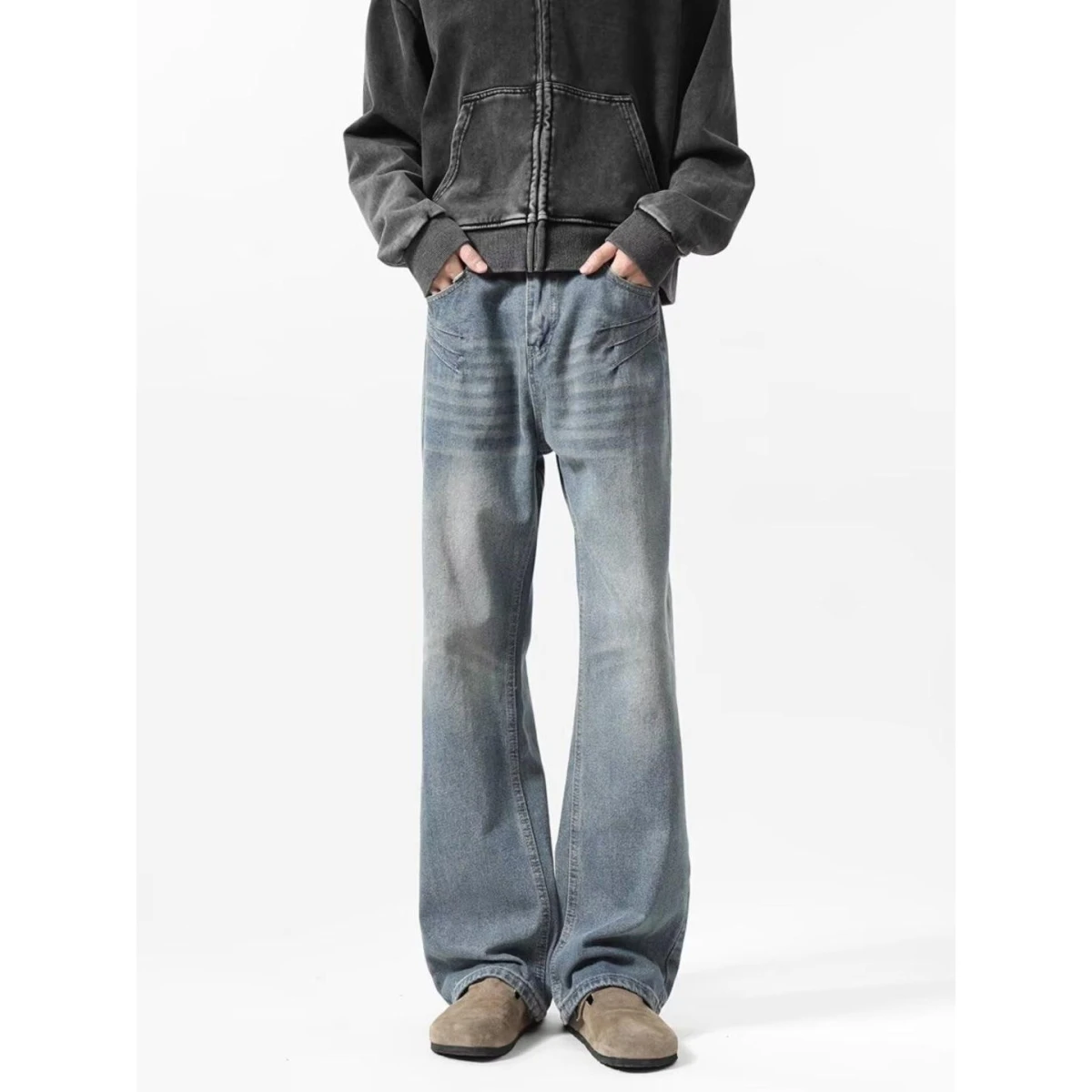 الرجعية الأمريكية Sle الرجال الجينز مستقيم الساق فضفاضة تناسب السراويل الطويلة ربيع الخريف Faionable Waed خارج ملابس غير رسمية