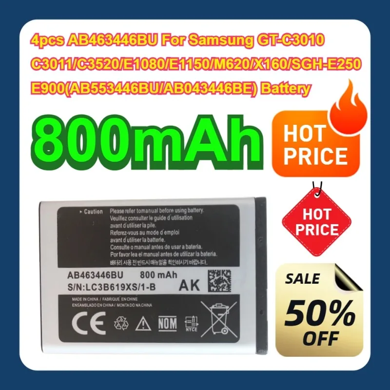 

800mAh 4pcs AB463446BU For Samsung GT-C3010/C3011/C3520/E1080/E1150/M620/X160/SGH-E250/E900(AB553446BU/AB043446BE) Battery
