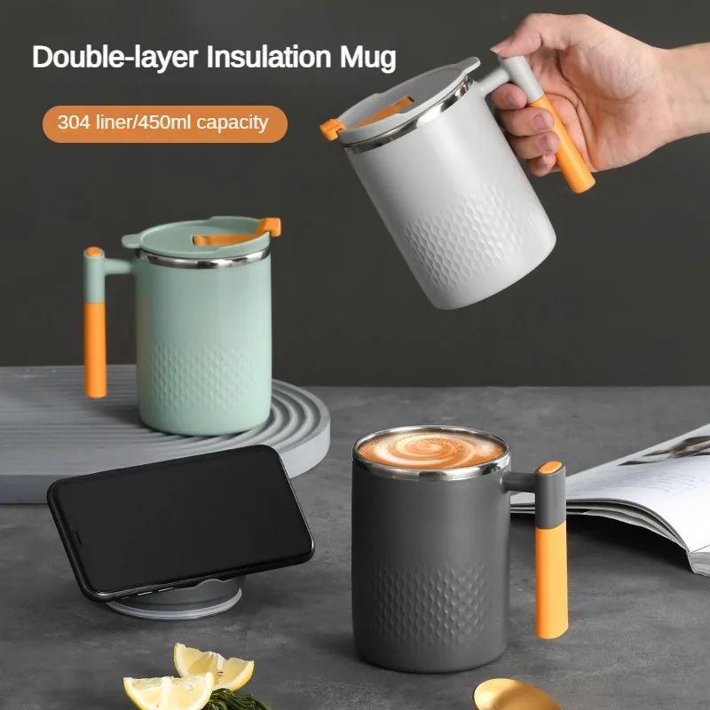 

1pc Anti Scalding Insulated Coffee Mug With Handle And Lid 304 Stainless Steel Thermal Milk Mug Double Layer Coffee Cup Tea Cup