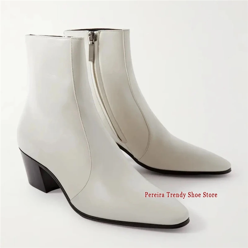 Men's White Genuine Leather 6CM High Heel Short Boots Pointed Toe Side Zipper Chelsea Boots British Style Cowhide Dress Shoes