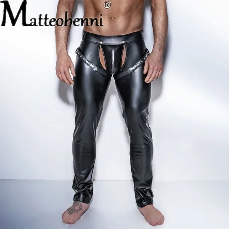 Erotic Men Faux PU Leather Pants Male Wetlook Latex Trousers Open Front Pole Dance Pants Gay Fetish PVC Pants Clubwear Costumes