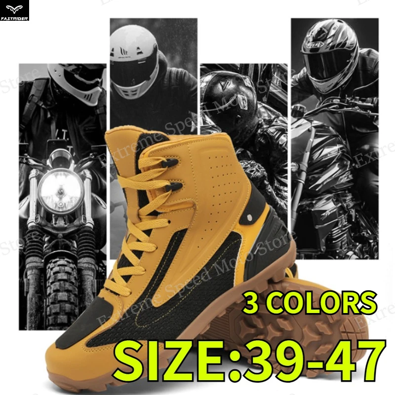 

Мужские высокие мотоциклетные ботинки, нескользящие уличные ботинки для походов с красно-белыми цветовыми блоками для города и бездорожья