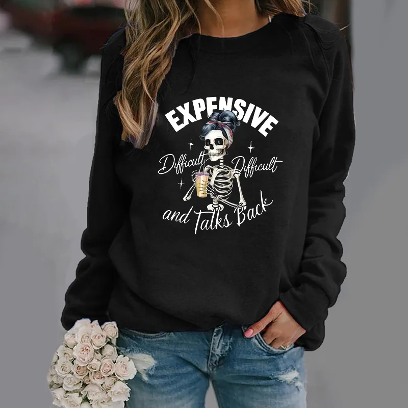 Like Pearl Milk Tea Skull Pattern Pullover Women's Long Sleeve Personalized Skull Crew Neck Sweatshirt Top