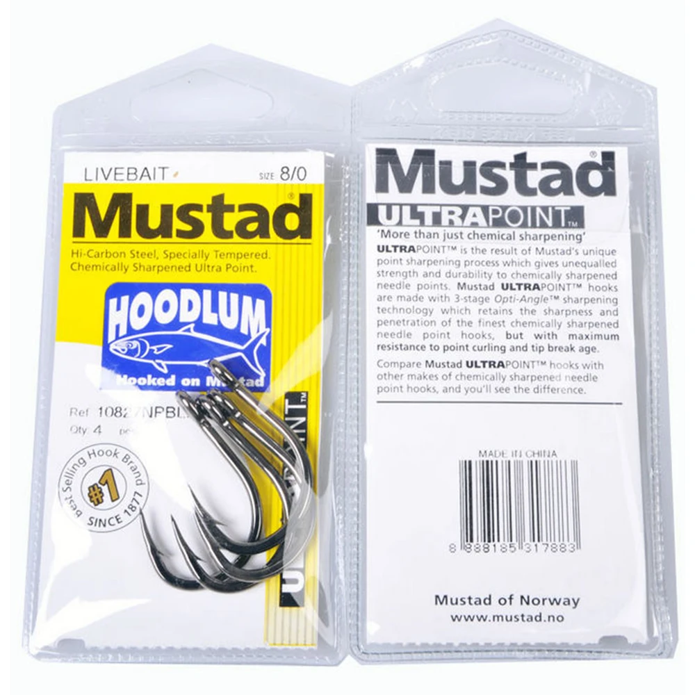 Mustad 10827 HOODLUM Single Fishing Hook High Carbon Precision Steel Big Eye Hooks For Bait Accessories size 1/0-12/0