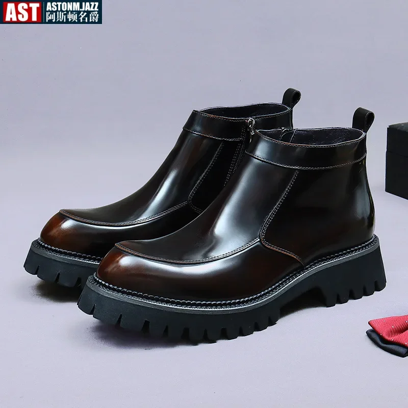 Business Leather Boots Zipper Chelsea Boots Men's Cowhide British Style Platform Men's Shoes High Top Shiny Leather Dress Shoes