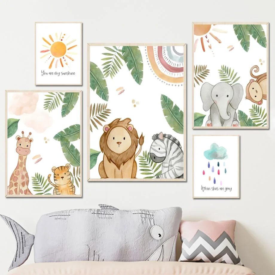 Jungle Monkey Giraffe Elephant Lion Rainbow Sun Leaf Wall Art Canvas Painting Boho Poster And Prints Wall Picture Baby Kids Room